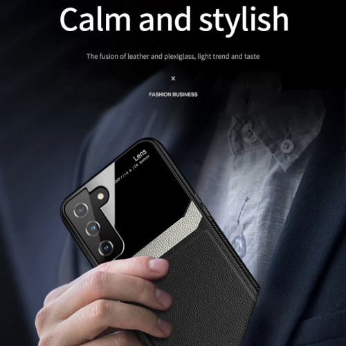 Delfin Leather Case Anti Slide Camera Protection Shockproof cover Plexiglass Bumper Phone Case Slim Cover for Samsung Galaxy S21 -Black