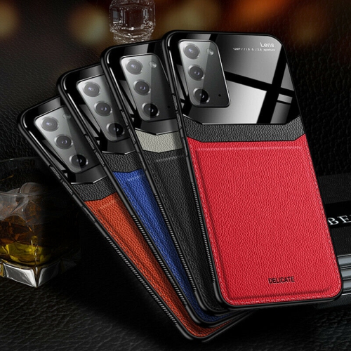 Delfin Leather Case Anti Slide Camera Protection Shockproof cover Plexiglass Bumper Phone Case Slim Cover for Samsung Galaxy S20 PLUS -Brown