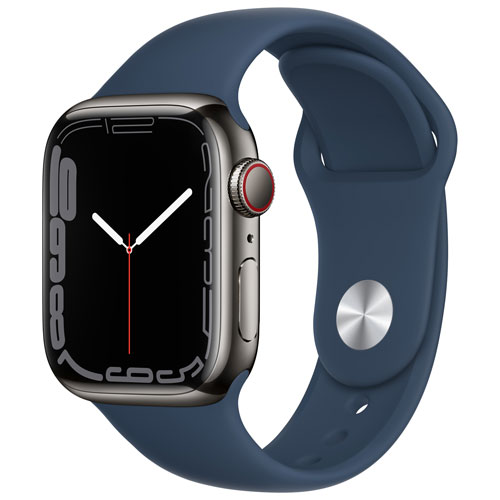 Apple Watch Series 7, boîtier de 41 mm en inox graphite/bracelet sport bleu abysse