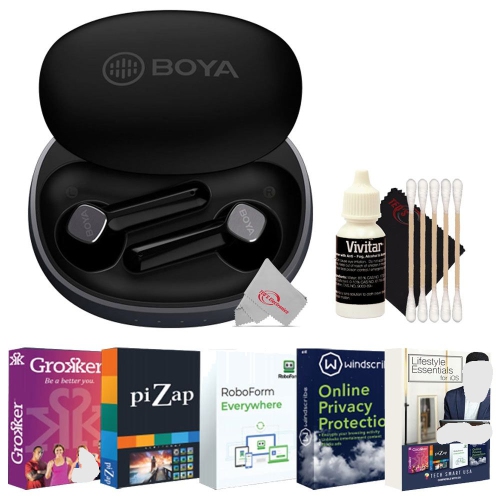Boya BY-AP100 True Wireless Stereo Semi-In-Ear Earbuds with Sliding Charging Case + Lifestyle Essentials Software + 3pc Cleaning Kit