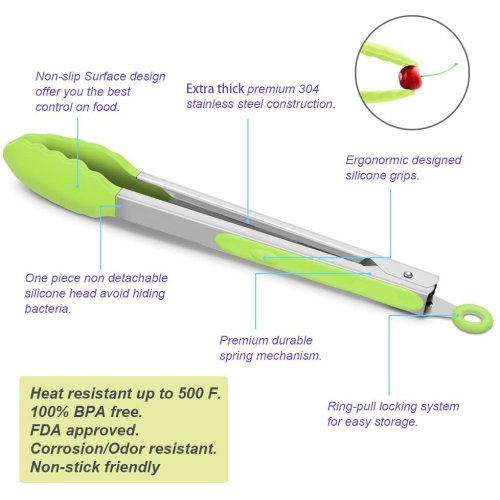 ISTAR Premium Silicone Cooking Tongs, 9-Inch BPA Free Non-Stick Stainless Steel BBQ Grilling Locking Food Tong, Light Green