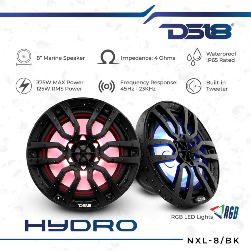 DS18 NXL-8/BK NXL 8" 2-Way Coaxial Marine Speaker With LED RGB Lights 125W RMS - Black