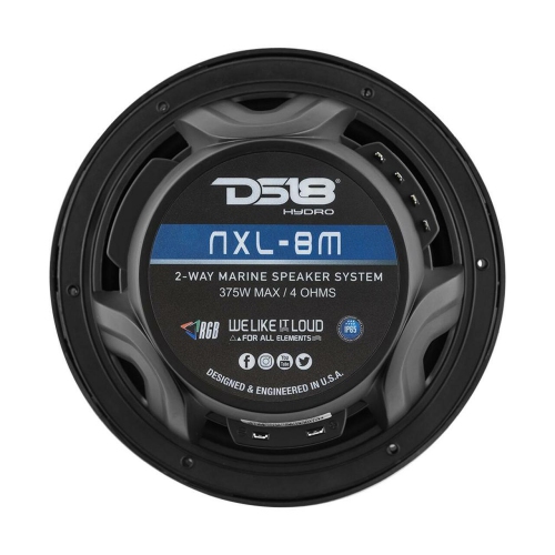 DS18 NXL-8/BK NXL 8" 2-Way Coaxial Marine Speaker With LED RGB Lights 125W RMS - Black