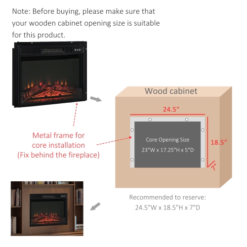 HOMCOM 23" Electric Fireplace Insert for Wooden Cabinet, Recessed Fireplace Heater with Realistic Log Flames, Adjustable Brightness, Remote Control,