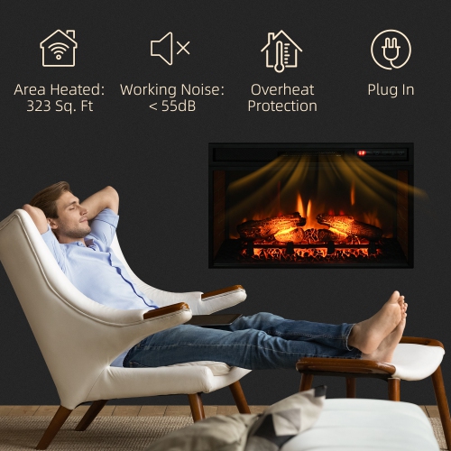 HOMCOM 27" Electric Fireplace Insert for Wooden Cabinet, Recessed Fireplace Heater with Realistic Log Flame, 4 Brightness, Adjustable Temperature, 6H