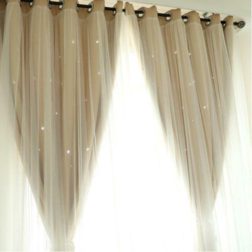 2pcs Hollowed Star Shading Window Curtain Drapes Purdah for Home(Ivory)