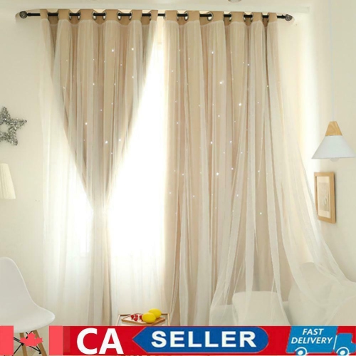 2pcs Hollowed Star Shading Window Curtain Drapes Purdah for Home(Ivory)