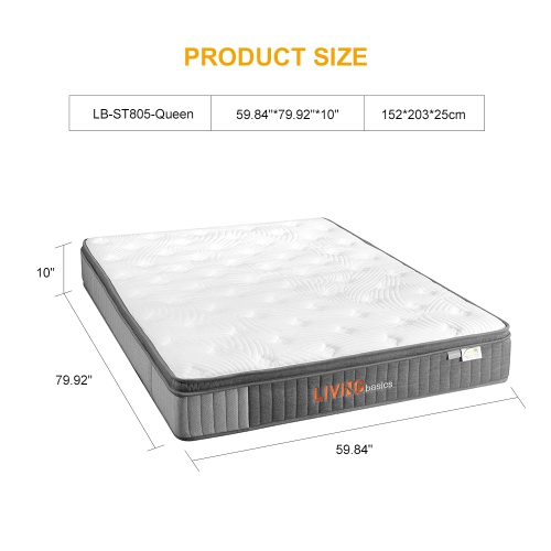Queen Size Memory Foam Mattresses 10 Inch Pocket Spring Mattress for Back Pain Relief /Motion Isolation & Cool Sleep