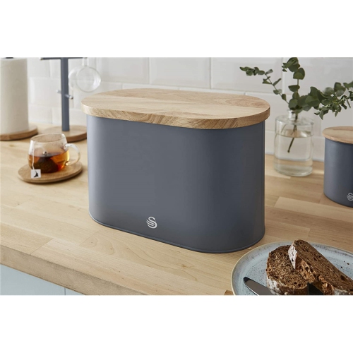 Swan - Nordic Collection Bread Bin with Bamboo Lid, 15cm x 15cm x 35cm, Matte Gray