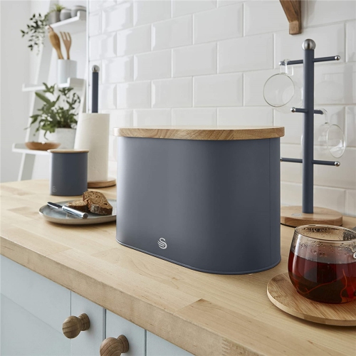 Swan - Nordic Collection Bread Bin with Bamboo Lid, 15cm x 15cm x 35cm, Matte Gray