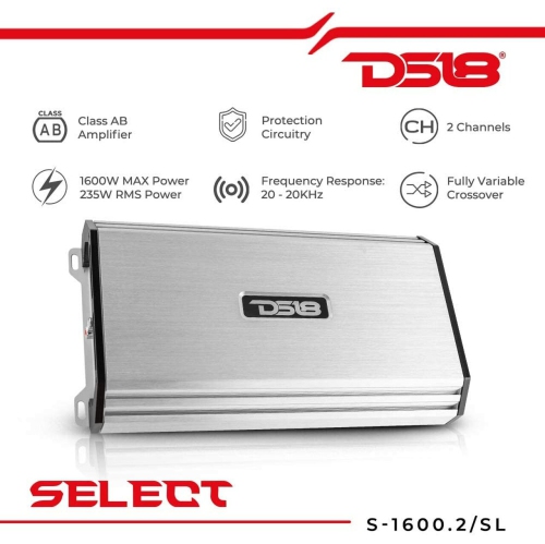 DS18 S-1600.2/SL 1600 Watt 2 Channel Full Range Class AB Amplifier Silver Pro Audio