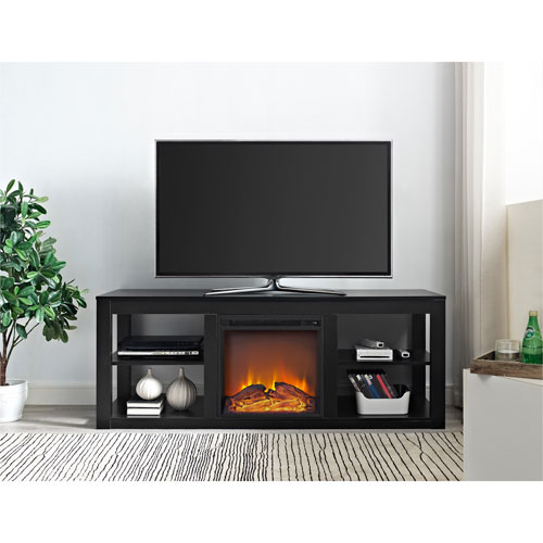 Ameriwood Home Parsons 65" Fireplace TV Stand with Logs Firebox - Black