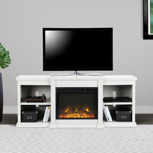 Ameriwood Home Manchester 70" Fireplace TV Stand with Logs Firebox - White