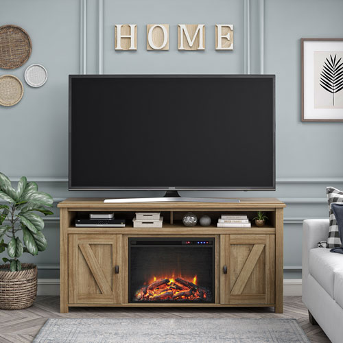 Ameriwood Home Farmington 60" Fireplace TV Stand with Logs Firebox - Natural