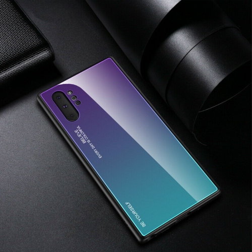 Image 1 of 8.. RIVIERA Scratch Resistant Gradient Color Phone Case Anti-fall Tempered Glass Case for Samsung Galaxy NOTE 10 PLUS -Purple and Green