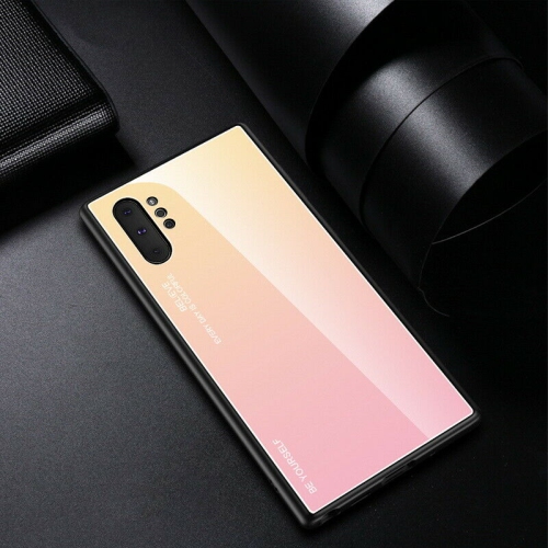 Image 1 of 8.. RIVIERA Scratch Resistant Gradient Color Phone Case Anti-fall Tempered Glass Case for Samsung Galaxy NOTE 10 PLUS -Pink and Yellow