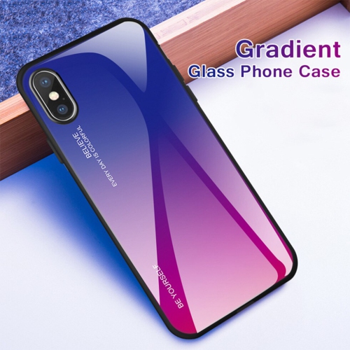 RIVIERA Scratch Resistant Gradient Color Phone Case Anti-fall Tempered Glass Case for iPhone XR -Pink and Blue