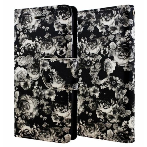Image 1 de 5.. [CS] Étui Mini pour iPhone 13, étui folio en cuir magnétique à rabat avec fente pour carte, fleur noire