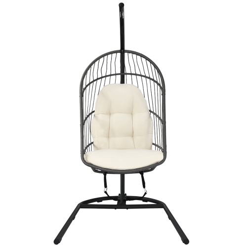 Costway Hanging Wicker Egg Chair w/ Stand Cushion Foldable Outdoor Indoor