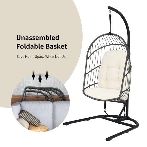 Costway Hanging Wicker Egg Chair w/ Stand Cushion Foldable Outdoor Indoor