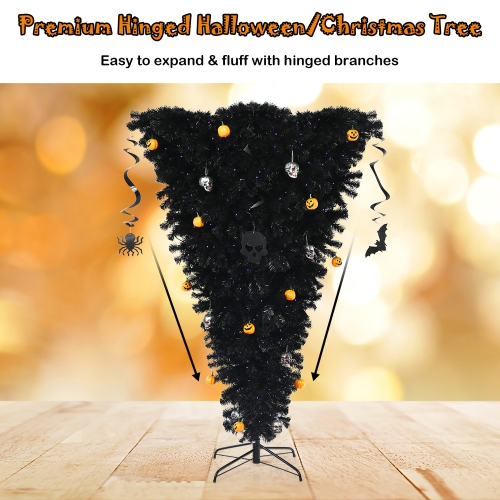 Costway 6ft Upside Down Christmas Halloween Tree Black w/270 Purple LED Lights
