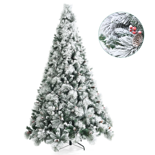 COSTWAY  8Ft Snow Flocked Christmas Tree Glitter Tips W/ Pine Cone & Red Berries