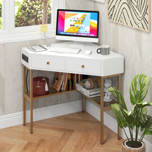 Costway Corner Computer Desk Writing Workstation Study Desk w/ 2 Drawers