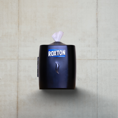 Roxton Wall Mount Wipes Dispenser - Upward Pull, Large Roll, Heavy-Duty Plastic, Strong Closure, Great for Gyms, Office, Commercial Spaces and Stores