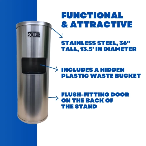 Roxton Stainless Steel Floor Stand Wipes Dispenser, Built-in Trash Can, Suitable for Gyms, School, Offices & Commercial Space