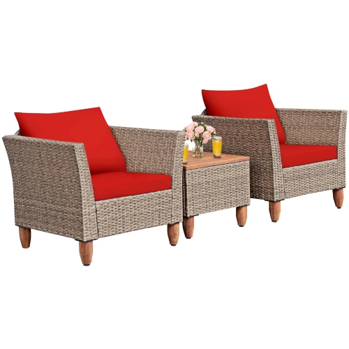 Costway3PCS Patio Rattan Bistro Furniture Set Wood Table Top Cushion Sofa