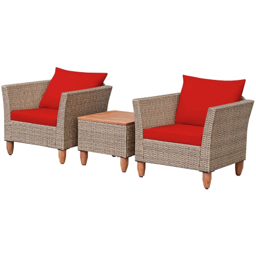 Costway3PCS Patio Rattan Bistro Furniture Set Wood Table Top Cushion Sofa
