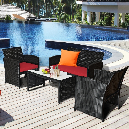 Costway 4PCS Patio Rattan Furniture Conversation Set Cushion Sofa Table Garden
