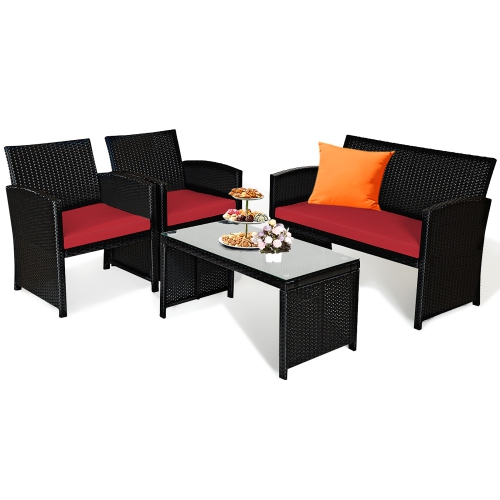 Costway 4PCS Patio Rattan Furniture Conversation Set Cushion Sofa Table Garden