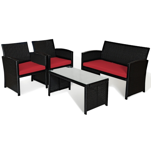 Costway 4PCS Patio Rattan Furniture Conversation Set Cushion Sofa Table Garden