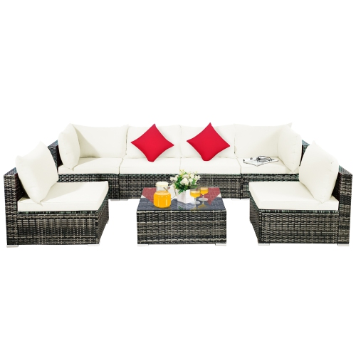 7PCS Patio Rattan Furniture Set Sectional Sofa Garden Cushion
