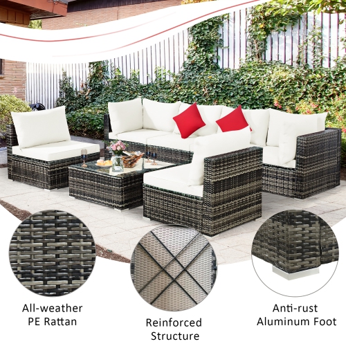 7PCS Patio Rattan Furniture Set Sectional Sofa Garden Cushion