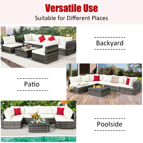 7PCS Patio Rattan Furniture Set Sectional Sofa Garden Cushion