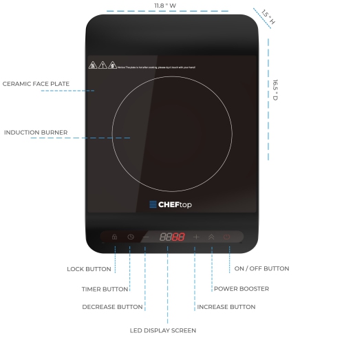 Cheftop Portable Single Burner Induction Cooktop Digital Ceramic Single Burner Electric Cooktop 1300 Watt, Touch Sensor Control, Multiple Controls
