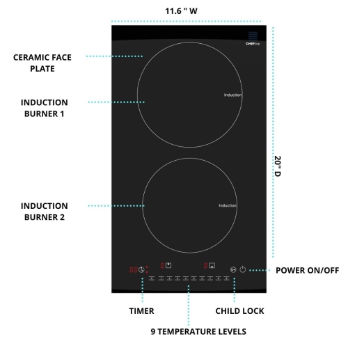 Cheftop Portable Induction Cooktop 2 Burner Electric Cooktop with Kids Safety Lock 1800 Watt, Touch Sensor Control, Multiple Controls Cooking Zones &