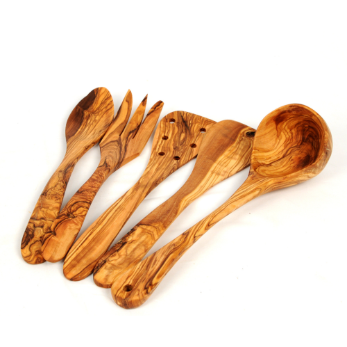 BeldiNest Set of 5 Olive wood Kitchen Utensils( Spoon Fork - Set of 2 Spatulats-Ladle)