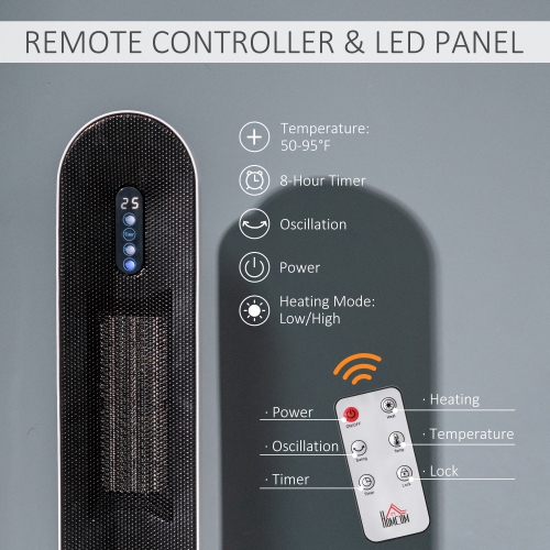 HOMCOM Compatible for Ceramic Space Heater, Indoor Tower Heater with 45 Degree Oscillation, Remote Control, 24H Timer, 1500W/1000W