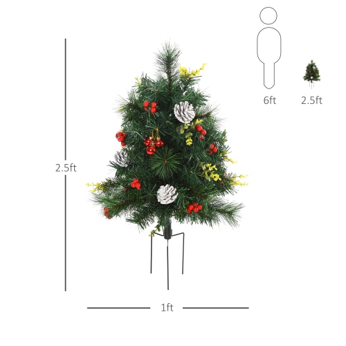 HOMCOM 2.5ft 2 Pieces Prelit Artificial Christmas Tree with LED Light Mini Xmas Tree with Small Berry Pine Needles Pinecones Decorations for Garden