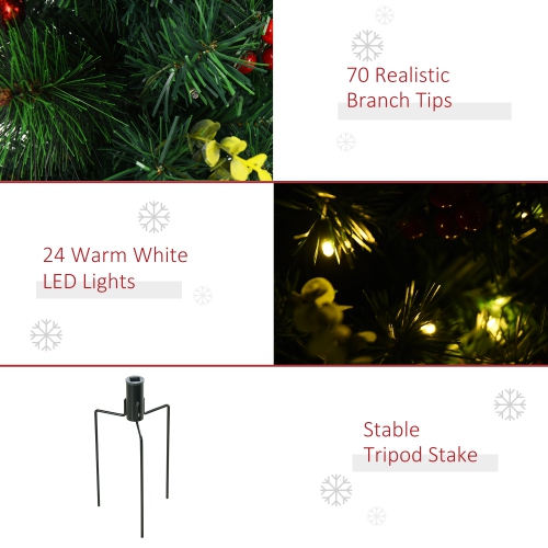 HOMCOM 2.5ft 2 Pieces Prelit Artificial Christmas Tree with LED Light Mini Xmas Tree with Small Berry Pine Needles Pinecones Decorations for Garden