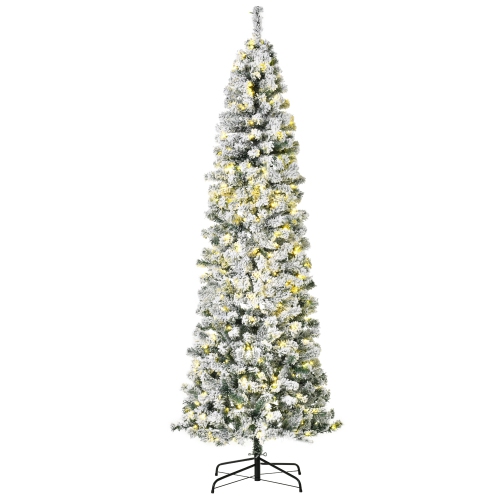 HOMCOM  7.5 Feet Prelit Artificial Snow Flocked Pencil Christmas Tree, Slim Xmas Tree With Warm White Led Light, Holiday Home Xmas Decoration In Green