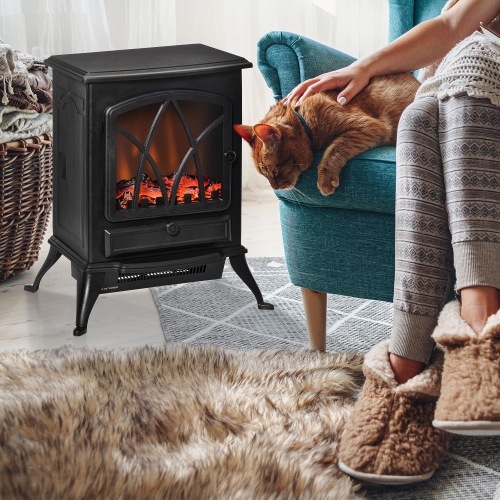 HOMCOM Electric Fireplace Heater Freestanding Fireplace Stove with Adjustable LED Flame Effect and Front Door, 750W/1500W, Black