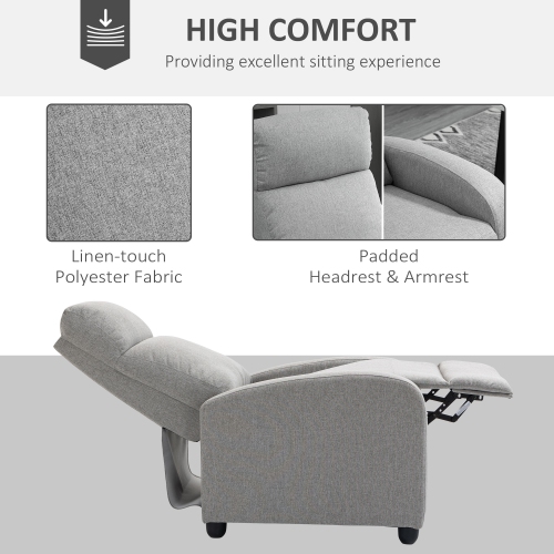 HOMCOM – Fauteuil inclinable à dossier poussoir, siège en tissu pour cinéma maison, canapé inclinable simple avec siège rembourré pour salon, gris