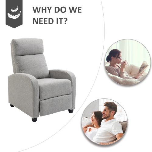 HOMCOM – Fauteuil inclinable à dossier poussoir, siège en tissu pour cinéma maison, canapé inclinable simple avec siège rembourré pour salon, gris