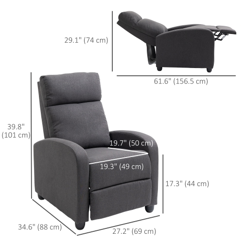HOMCOM – Fauteuil inclinable à dossier poussoir, siège en tissu pour cinéma maison, canapé inclinable simple avec siège rembourré pour salon, gris