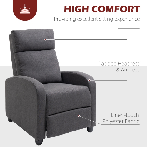 HOMCOM – Fauteuil inclinable à dossier poussoir, siège en tissu pour cinéma maison, canapé inclinable simple avec siège rembourré pour salon, gris