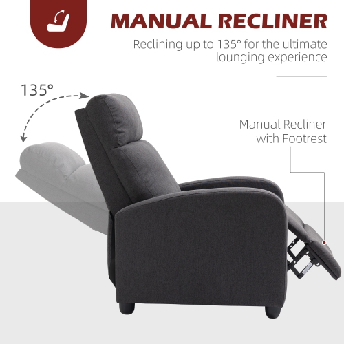 HOMCOM – Fauteuil inclinable à dossier poussoir, siège en tissu pour cinéma maison, canapé inclinable simple avec siège rembourré pour salon, gris